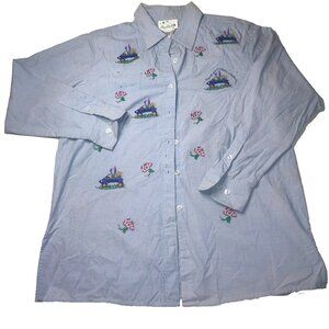 Quaker Factory Blue Button Blouse Flowers Spring Garden Party M Cotton